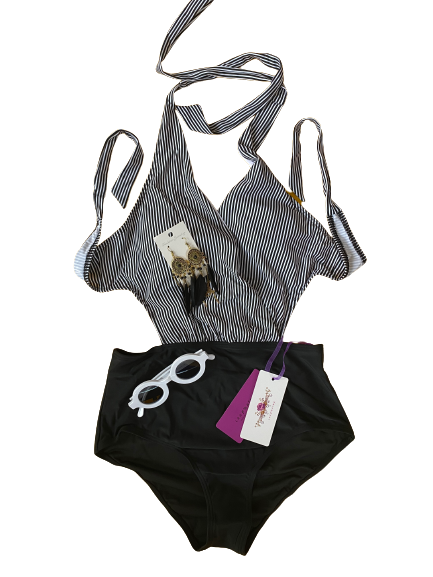 Pinstripe Conjoined Plus Sizes One Piece Swimwear