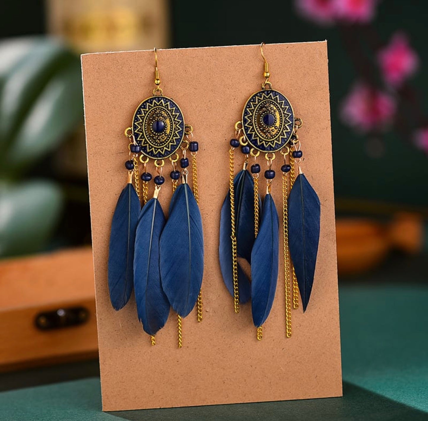 unique tassel chain design bead decorative feather earrings