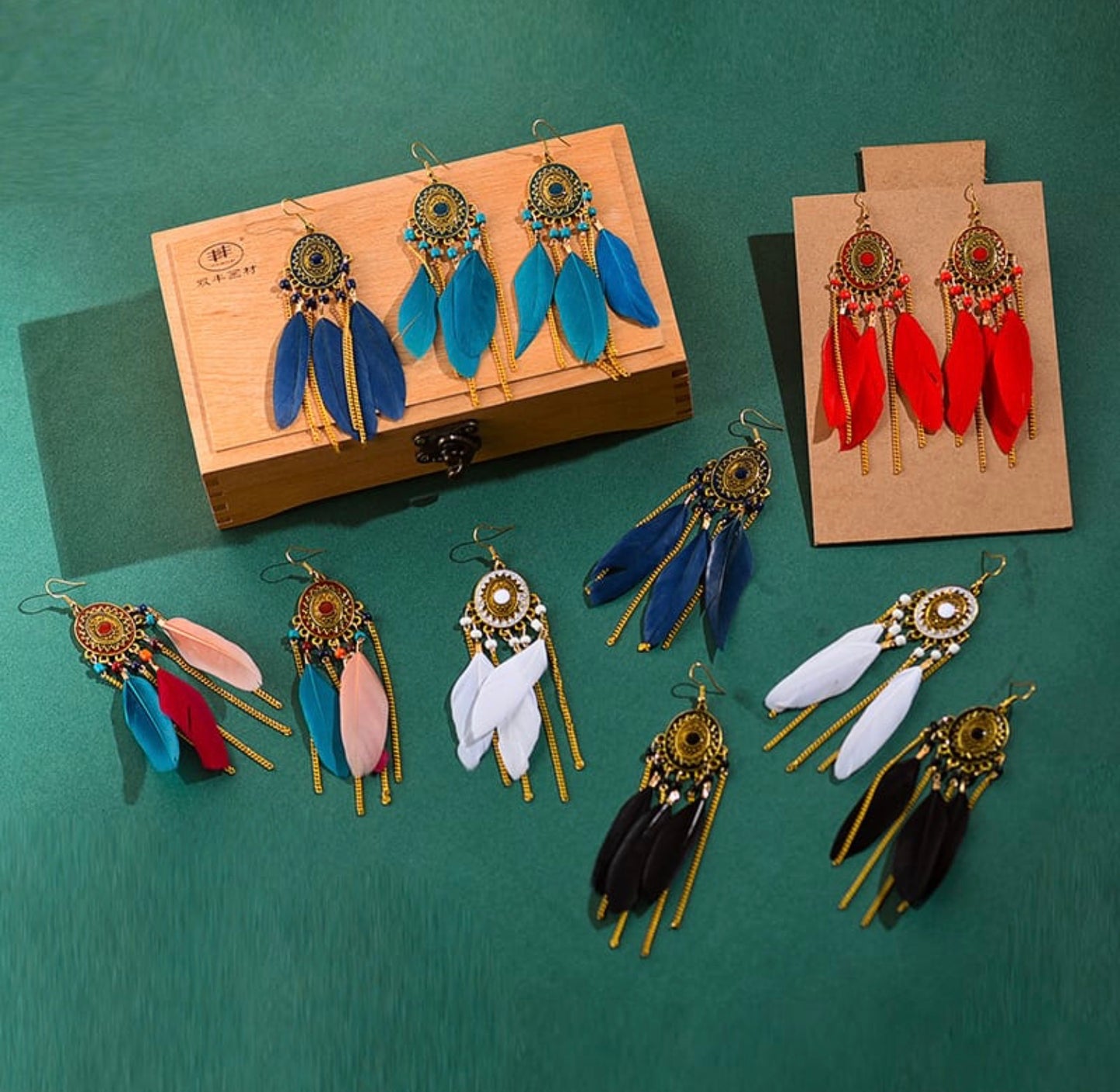 unique tassel chain design bead decorative feather earrings