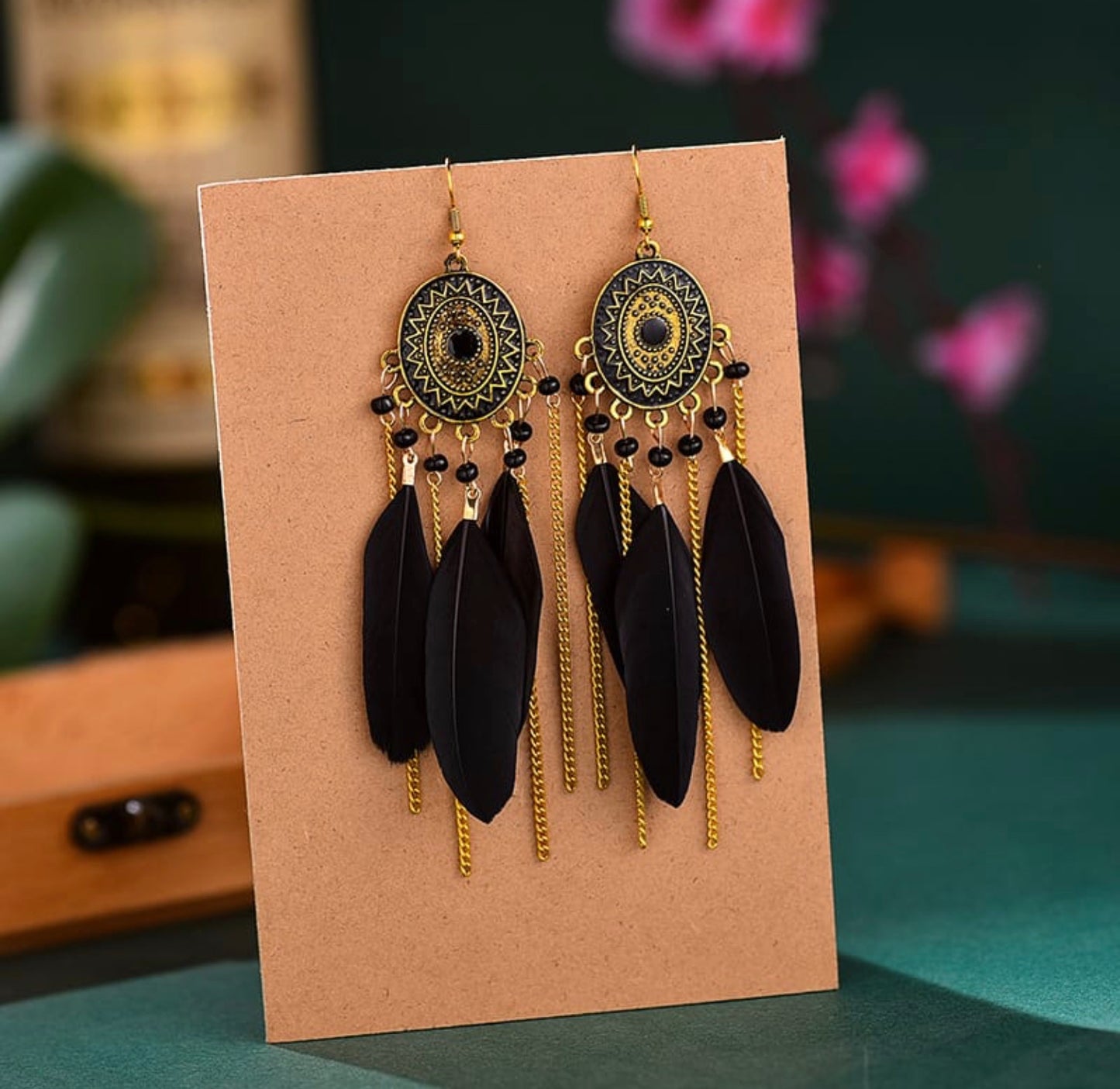 unique tassel chain design bead decorative feather earrings