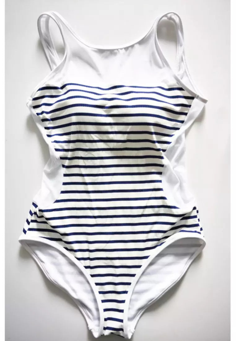 Black White Mesh Stripe Monokini