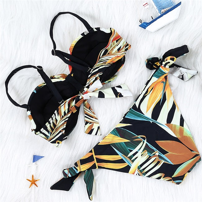 bohemian big leaf print bikini set