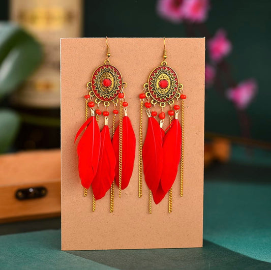 unique tassel chain design bead decorative feather earrings red