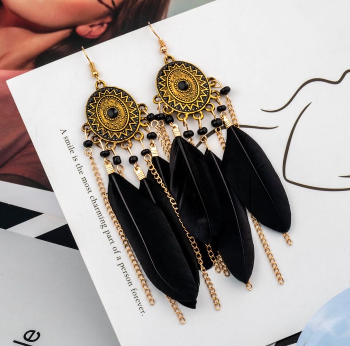 unique tassel chain design bead decorative feather earrings black