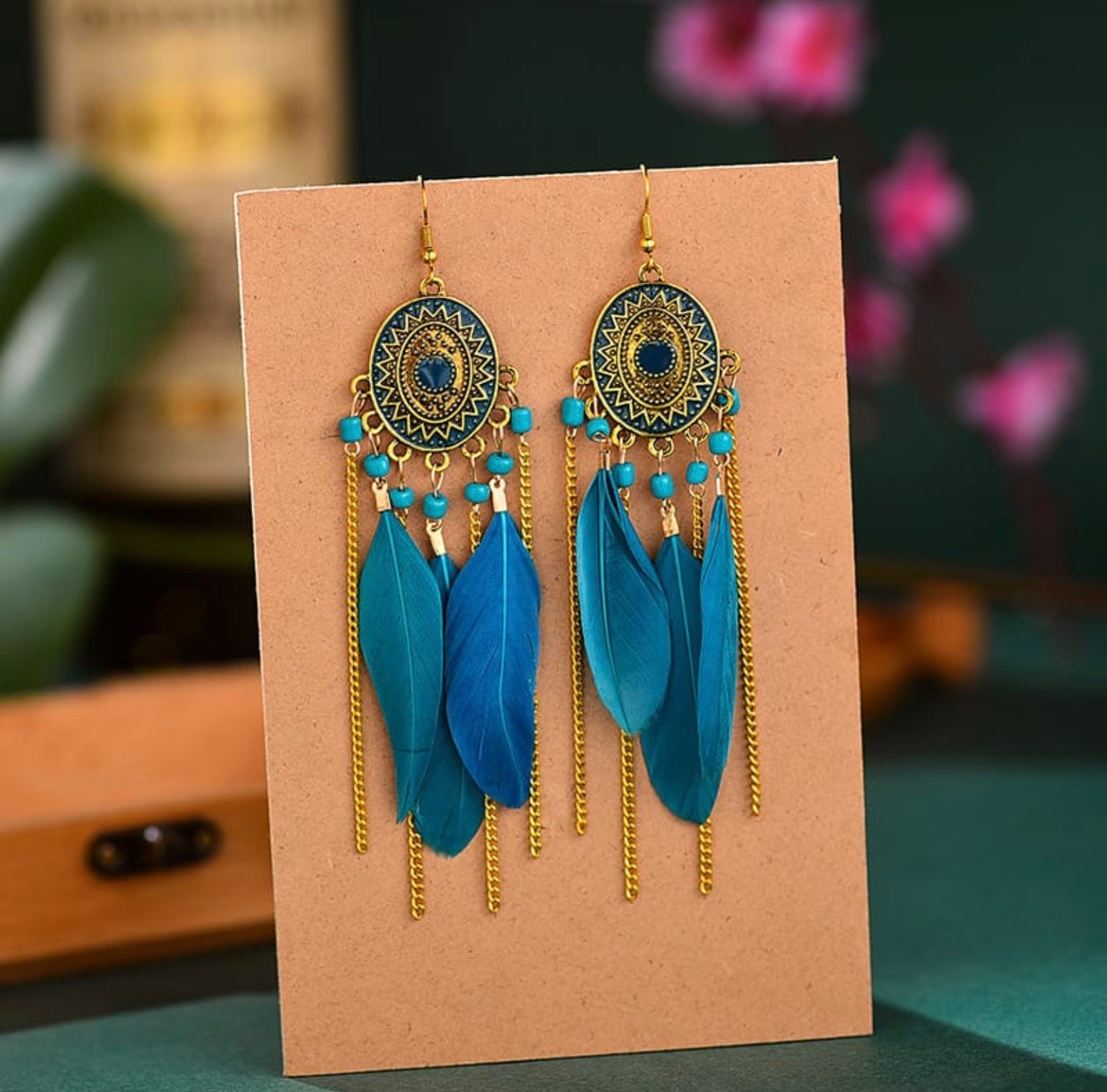 unique tassel chain design bead decorative feather earrings blue