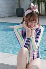 Load image into Gallery viewer, pink stripe long sleeve one-piece swimsuit

